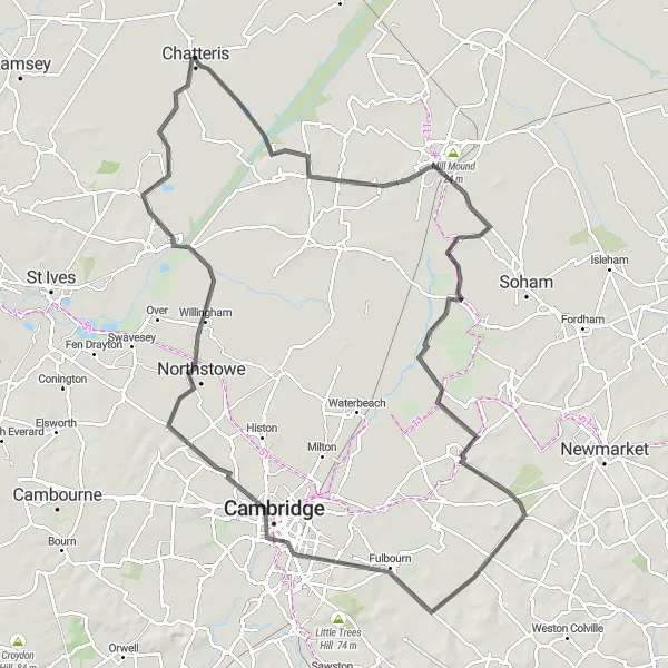 Map miniature of "Chatteris to Mepal Loop" cycling inspiration in East Anglia, United Kingdom. Generated by Tarmacs.app cycling route planner