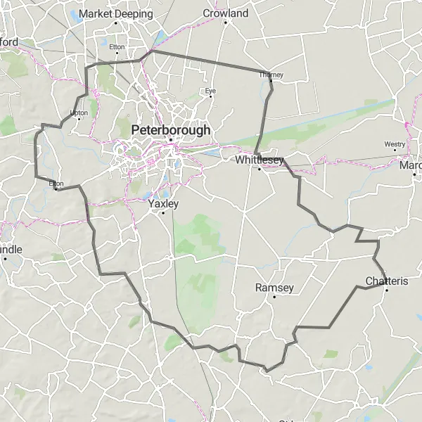 Map miniature of "Chatteris to Nassington Circuit" cycling inspiration in East Anglia, United Kingdom. Generated by Tarmacs.app cycling route planner