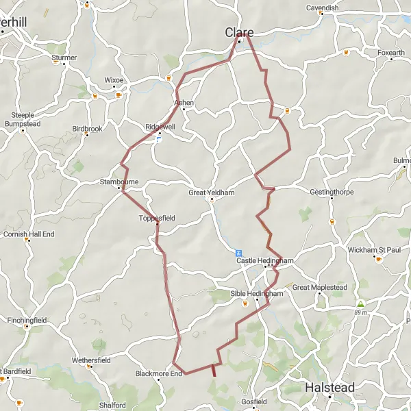 Map miniature of "Gravel Trail to Clare" cycling inspiration in East Anglia, United Kingdom. Generated by Tarmacs.app cycling route planner