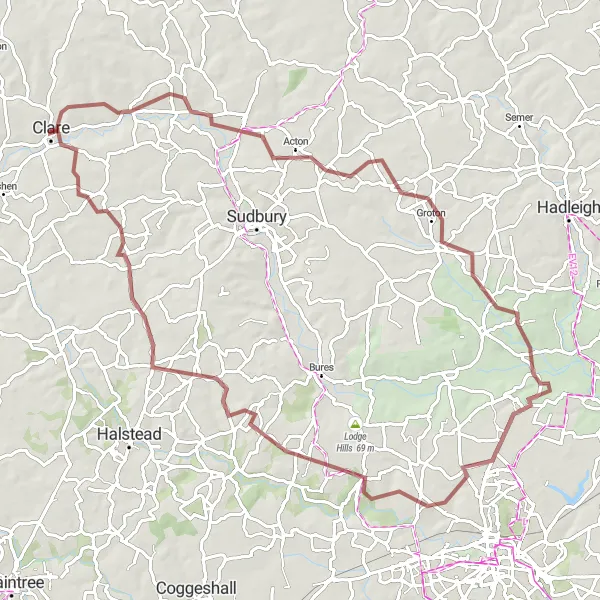 Map miniature of "The Long Melford Gravel Adventure" cycling inspiration in East Anglia, United Kingdom. Generated by Tarmacs.app cycling route planner