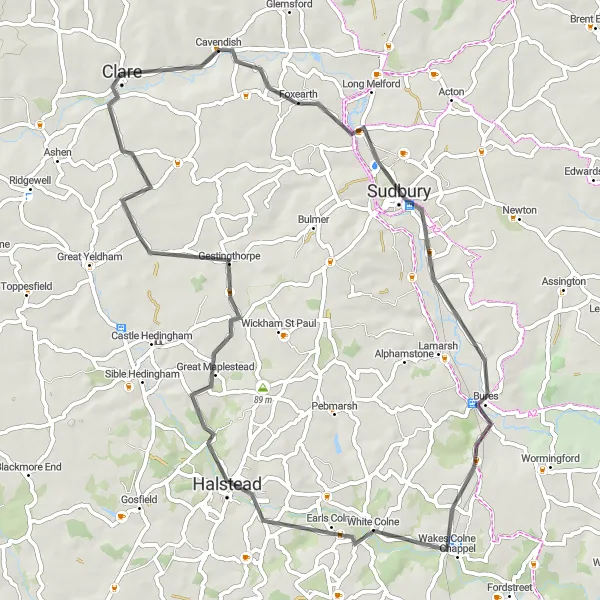 Map miniature of "Scenic Road to Sudbury" cycling inspiration in East Anglia, United Kingdom. Generated by Tarmacs.app cycling route planner