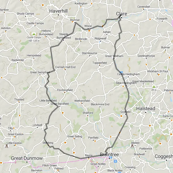 Map miniature of "The Great Yeldham Loop" cycling inspiration in East Anglia, United Kingdom. Generated by Tarmacs.app cycling route planner