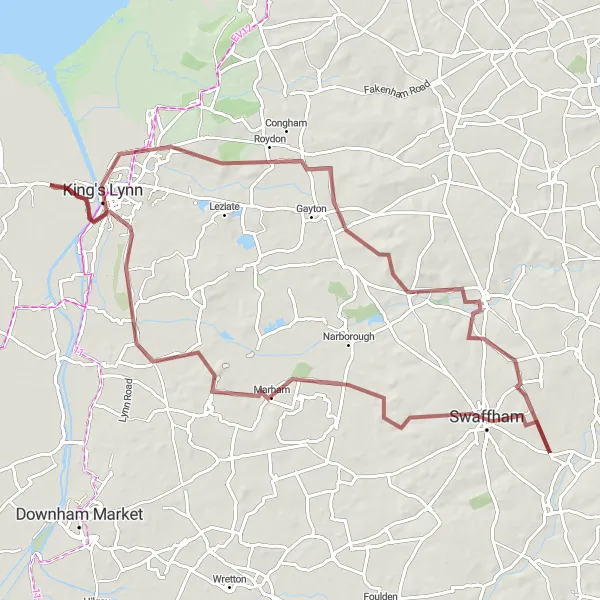 Map miniature of "Clenchwarton to Swaffham Gravel Adventure" cycling inspiration in East Anglia, United Kingdom. Generated by Tarmacs.app cycling route planner