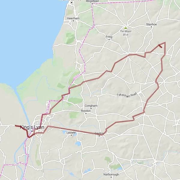 Map miniature of "Gravel Adventure to Sandringham" cycling inspiration in East Anglia, United Kingdom. Generated by Tarmacs.app cycling route planner