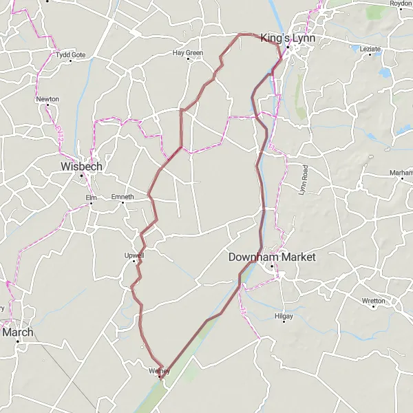 Map miniature of "Picturesque Gravel Cycling Route from Clenchwarton to Wiggenhall St Germans" cycling inspiration in East Anglia, United Kingdom. Generated by Tarmacs.app cycling route planner
