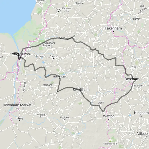 Map miniature of "King's Lynn to Swaffham Loop" cycling inspiration in East Anglia, United Kingdom. Generated by Tarmacs.app cycling route planner