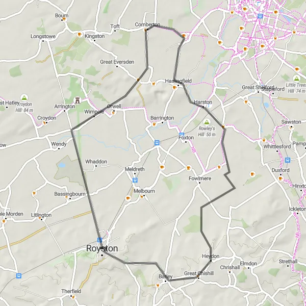 Map miniature of "Comberton and County Peaks" cycling inspiration in East Anglia, United Kingdom. Generated by Tarmacs.app cycling route planner