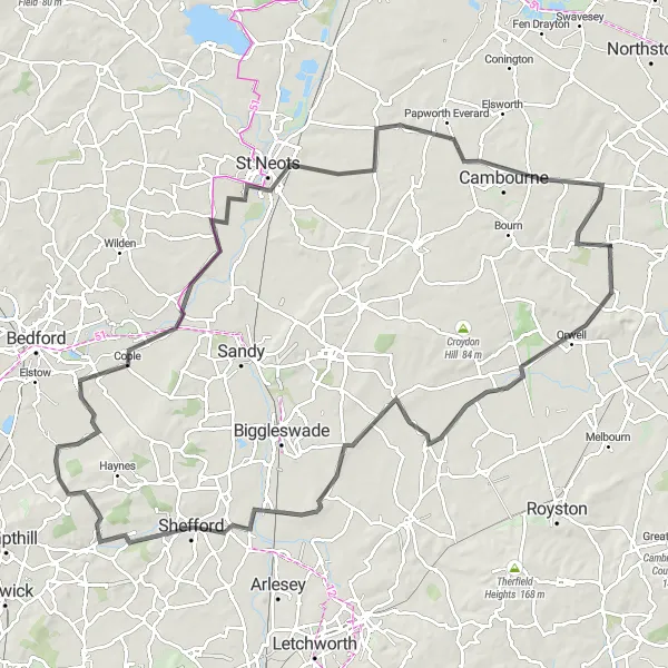 Map miniature of "Comberton Hills Loop" cycling inspiration in East Anglia, United Kingdom. Generated by Tarmacs.app cycling route planner