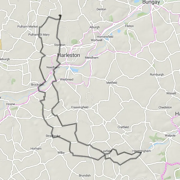 Map miniature of "Hidden Treasures of Norfolk" cycling inspiration in East Anglia, United Kingdom. Generated by Tarmacs.app cycling route planner