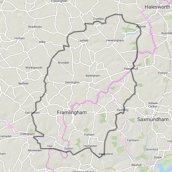 Map miniature of "Scenic Suffolk Loop" cycling inspiration in East Anglia, United Kingdom. Generated by Tarmacs.app cycling route planner