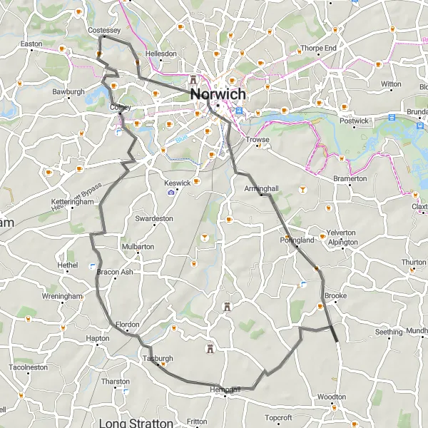 Map miniature of "The Hempnall Haul" cycling inspiration in East Anglia, United Kingdom. Generated by Tarmacs.app cycling route planner