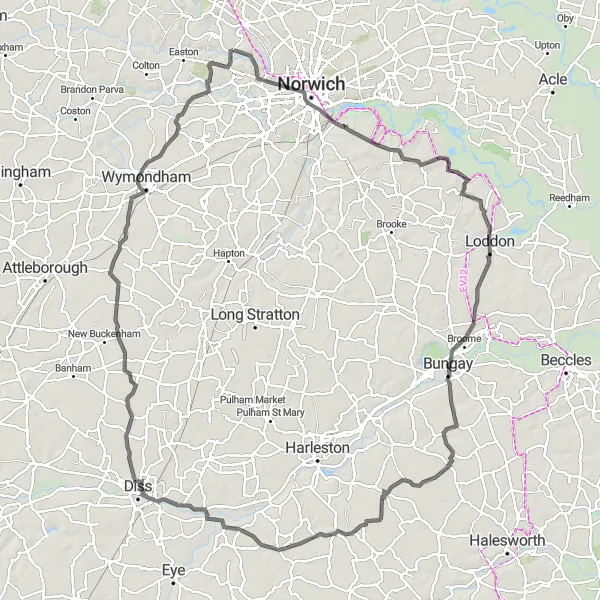 Map miniature of "The South Elmham Circuit" cycling inspiration in East Anglia, United Kingdom. Generated by Tarmacs.app cycling route planner