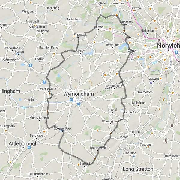 Map miniature of "Colney and Tacolneston Countryside Ride" cycling inspiration in East Anglia, United Kingdom. Generated by Tarmacs.app cycling route planner