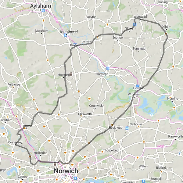 Map miniature of "The Hoveton Escape" cycling inspiration in East Anglia, United Kingdom. Generated by Tarmacs.app cycling route planner