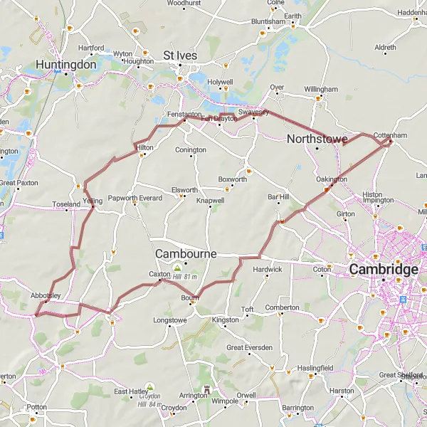 Map miniature of "Gravel Adventure around Cottenham" cycling inspiration in East Anglia, United Kingdom. Generated by Tarmacs.app cycling route planner
