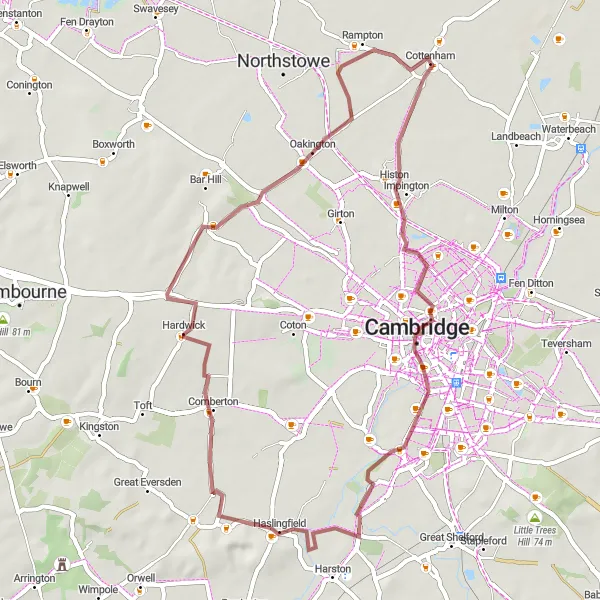 Map miniature of "Cambridge Explorer" cycling inspiration in East Anglia, United Kingdom. Generated by Tarmacs.app cycling route planner