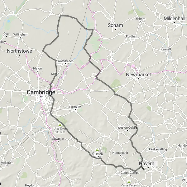 Map miniature of "Meridian Borders" cycling inspiration in East Anglia, United Kingdom. Generated by Tarmacs.app cycling route planner