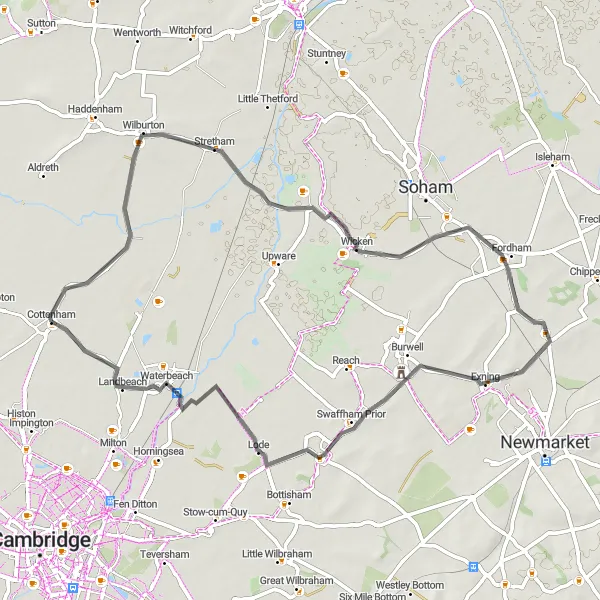 Map miniature of "Cottenham Countryside Ride" cycling inspiration in East Anglia, United Kingdom. Generated by Tarmacs.app cycling route planner