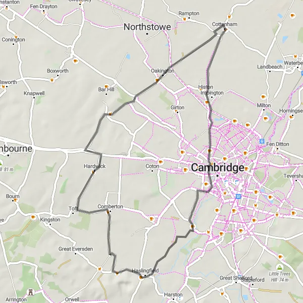 Map miniature of "Cottenham Kitchen Bridge Loop" cycling inspiration in East Anglia, United Kingdom. Generated by Tarmacs.app cycling route planner