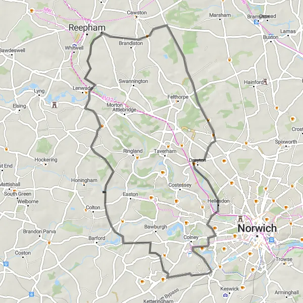 Map miniature of "The Village Escape" cycling inspiration in East Anglia, United Kingdom. Generated by Tarmacs.app cycling route planner