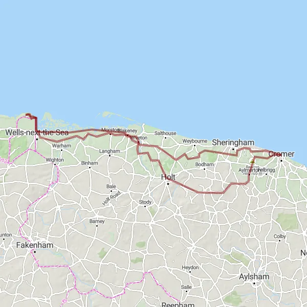 Map miniature of "Beeston Regis and Gazebo Gravel Tour" cycling inspiration in East Anglia, United Kingdom. Generated by Tarmacs.app cycling route planner