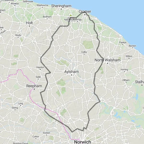 Map miniature of "Cromer to Victory V Loop" cycling inspiration in East Anglia, United Kingdom. Generated by Tarmacs.app cycling route planner