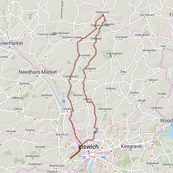 Map miniature of "Henley Circular" cycling inspiration in East Anglia, United Kingdom. Generated by Tarmacs.app cycling route planner