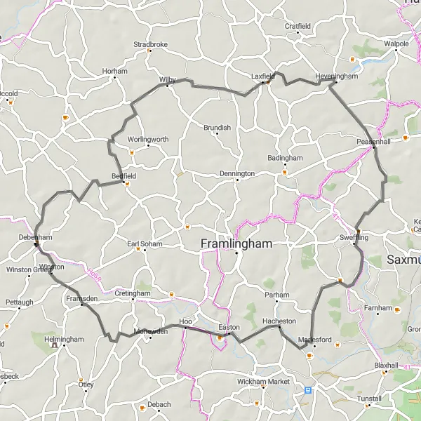 Map miniature of "Peasenhall Road Loop" cycling inspiration in East Anglia, United Kingdom. Generated by Tarmacs.app cycling route planner