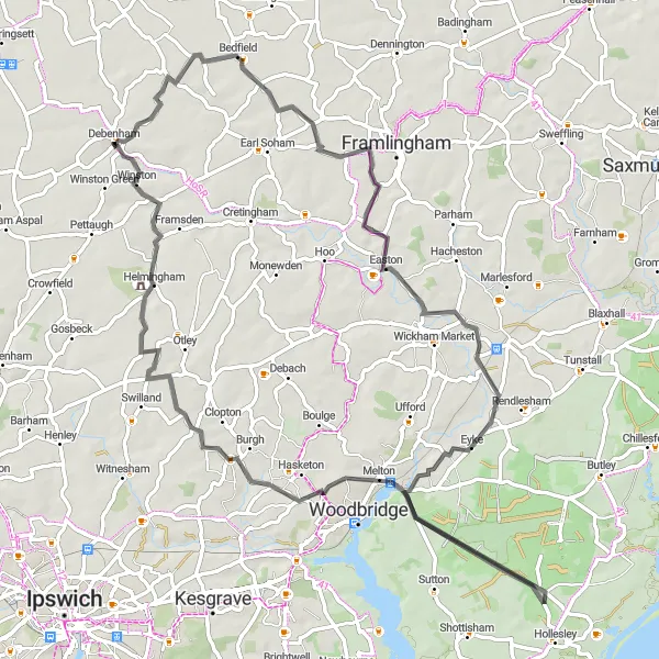 Map miniature of "The Suffolk Road Cycling Challenge" cycling inspiration in East Anglia, United Kingdom. Generated by Tarmacs.app cycling route planner