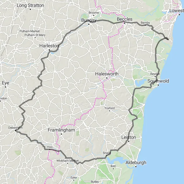 Map miniature of "The Suffolk Historic Village Experience" cycling inspiration in East Anglia, United Kingdom. Generated by Tarmacs.app cycling route planner