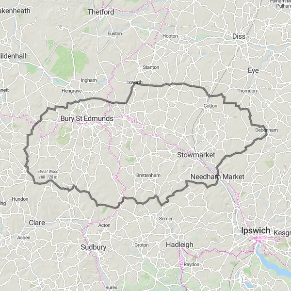 Map miniature of "The Suffolk Countryside Expedition" cycling inspiration in East Anglia, United Kingdom. Generated by Tarmacs.app cycling route planner