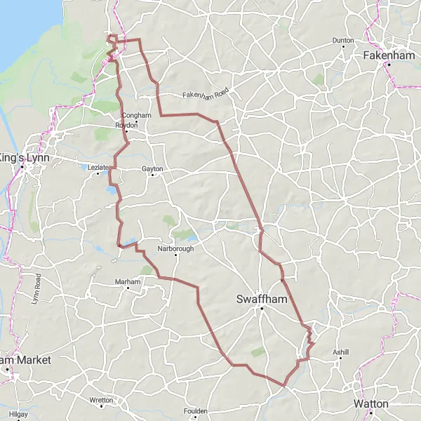 Map miniature of "The Gravel Adventure" cycling inspiration in East Anglia, United Kingdom. Generated by Tarmacs.app cycling route planner