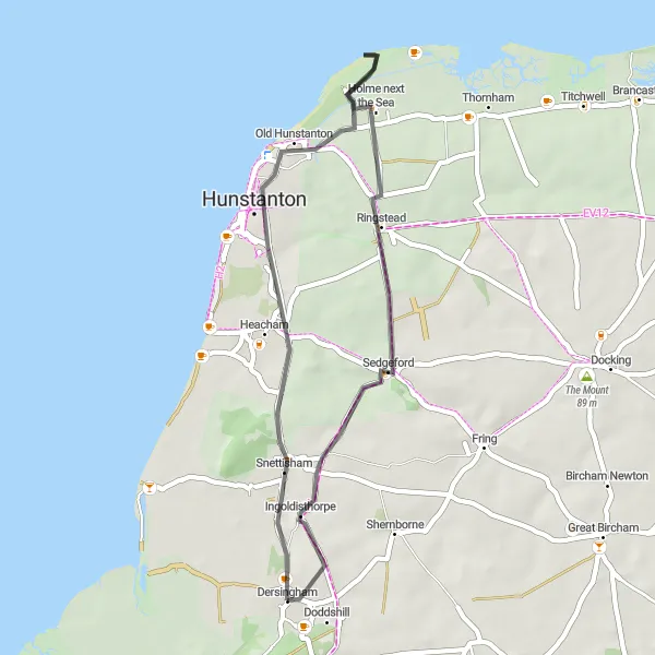 Map miniature of "The Coastal Ride" cycling inspiration in East Anglia, United Kingdom. Generated by Tarmacs.app cycling route planner