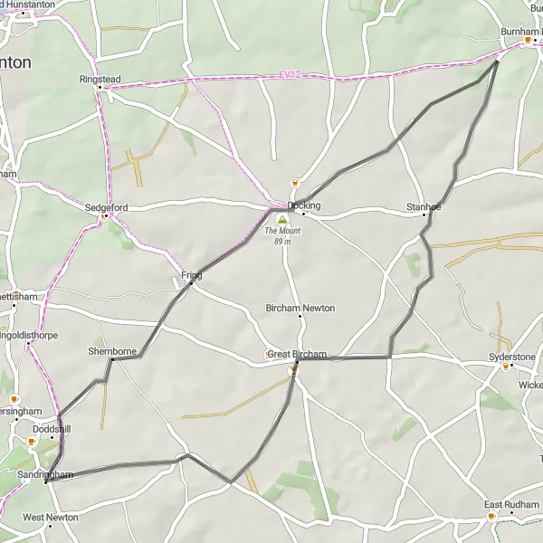 Map miniature of "Royal Estate Loop" cycling inspiration in East Anglia, United Kingdom. Generated by Tarmacs.app cycling route planner