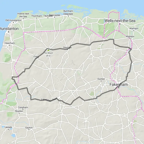 Map miniature of "The West Norfolk Adventure" cycling inspiration in East Anglia, United Kingdom. Generated by Tarmacs.app cycling route planner