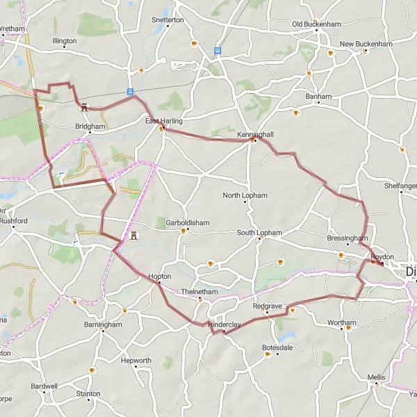 Map miniature of "Gravel Adventure through Norfolk" cycling inspiration in East Anglia, United Kingdom. Generated by Tarmacs.app cycling route planner