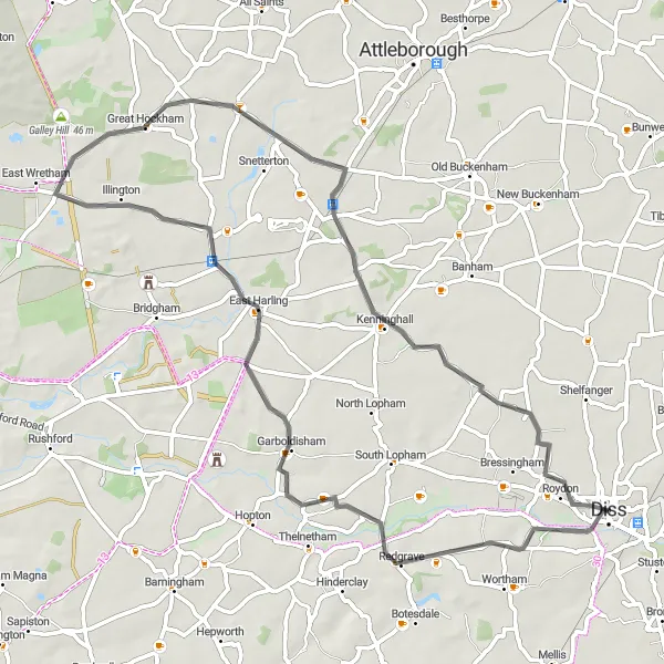 Map miniature of "Harling Loop" cycling inspiration in East Anglia, United Kingdom. Generated by Tarmacs.app cycling route planner
