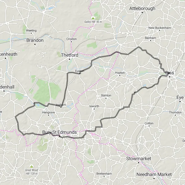Map miniature of "The Thrilling Journey to Kenninghall" cycling inspiration in East Anglia, United Kingdom. Generated by Tarmacs.app cycling route planner