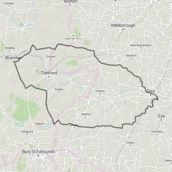 Map miniature of "Suffolk Countryside Ride" cycling inspiration in East Anglia, United Kingdom. Generated by Tarmacs.app cycling route planner