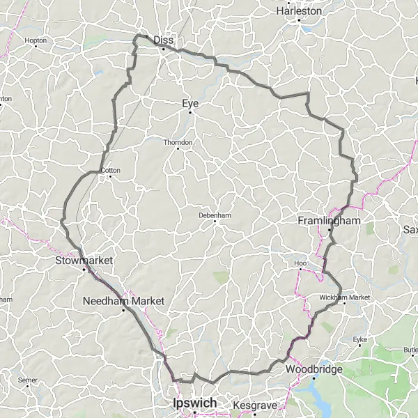 Map miniature of "The Scole Challenge" cycling inspiration in East Anglia, United Kingdom. Generated by Tarmacs.app cycling route planner