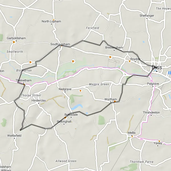 Map miniature of "Wortham Circuit" cycling inspiration in East Anglia, United Kingdom. Generated by Tarmacs.app cycling route planner