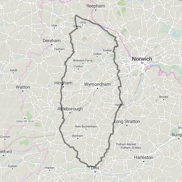 Map miniature of "Discover Lenwade" cycling inspiration in East Anglia, United Kingdom. Generated by Tarmacs.app cycling route planner
