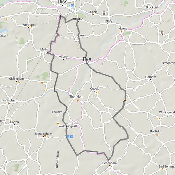 Map miniature of "Eye and Wetheringsett Circuit" cycling inspiration in East Anglia, United Kingdom. Generated by Tarmacs.app cycling route planner