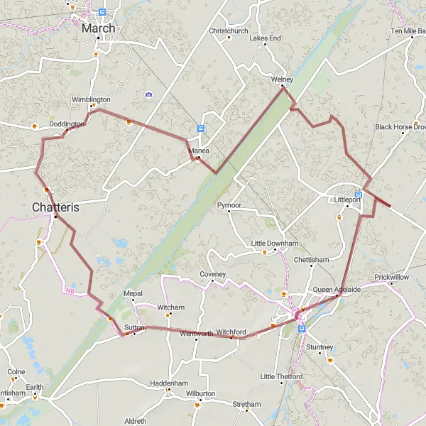 Map miniature of "Gravel Discovery of the Cambridgeshire Fens" cycling inspiration in East Anglia, United Kingdom. Generated by Tarmacs.app cycling route planner