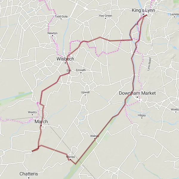 Map miniature of "Cambridgeshire Countryside" cycling inspiration in East Anglia, United Kingdom. Generated by Tarmacs.app cycling route planner