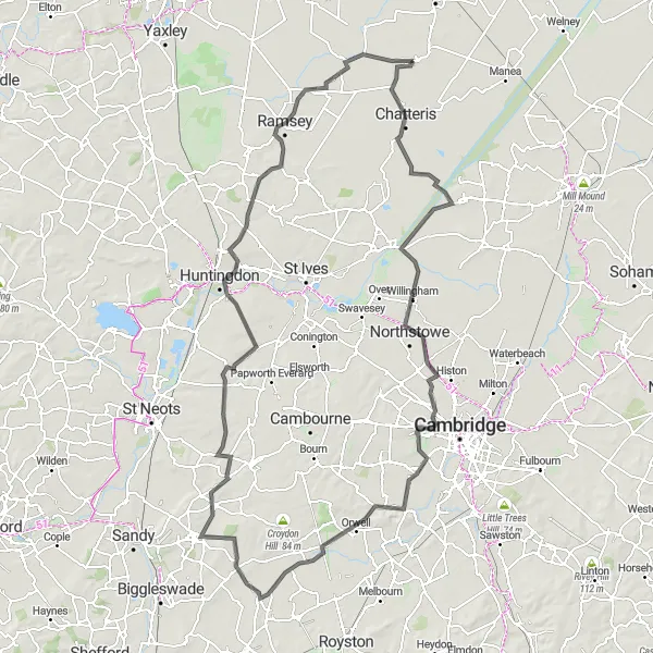 Map miniature of "Challenging Loop Around Cambridgeshire and Bedfordshire" cycling inspiration in East Anglia, United Kingdom. Generated by Tarmacs.app cycling route planner
