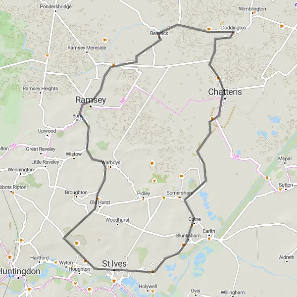 Map miniature of "Scenic Road Cycling Loop from Doddington" cycling inspiration in East Anglia, United Kingdom. Generated by Tarmacs.app cycling route planner