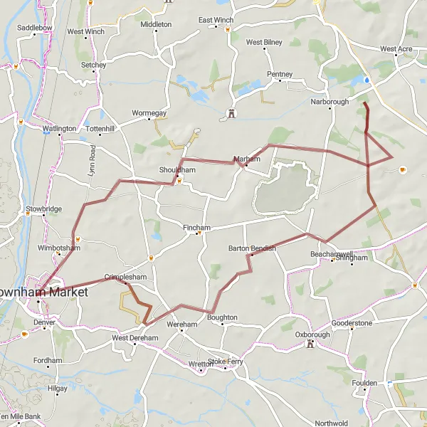 Map miniature of "Beachamwell Gravel Adventure" cycling inspiration in East Anglia, United Kingdom. Generated by Tarmacs.app cycling route planner