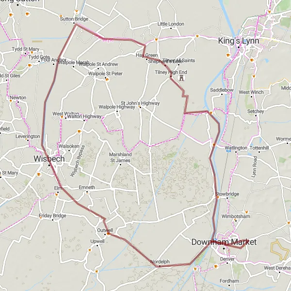 Map miniature of "The West Norfolk Gravel Adventure" cycling inspiration in East Anglia, United Kingdom. Generated by Tarmacs.app cycling route planner