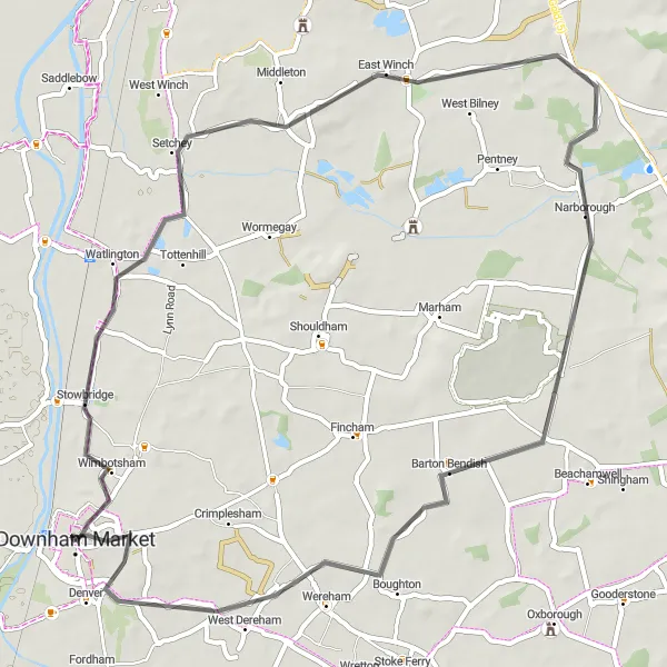 Map miniature of "Countryside Loop through Ryston" cycling inspiration in East Anglia, United Kingdom. Generated by Tarmacs.app cycling route planner